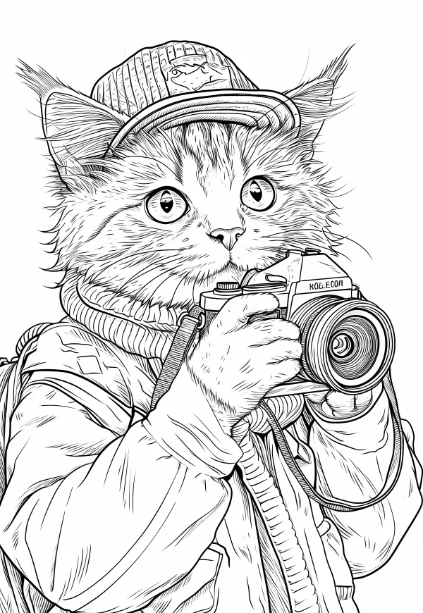 Anthropomorphic cat wearing baseball cap and holding a dslr camera, cartoon sketch style — free printable photography coloring book page