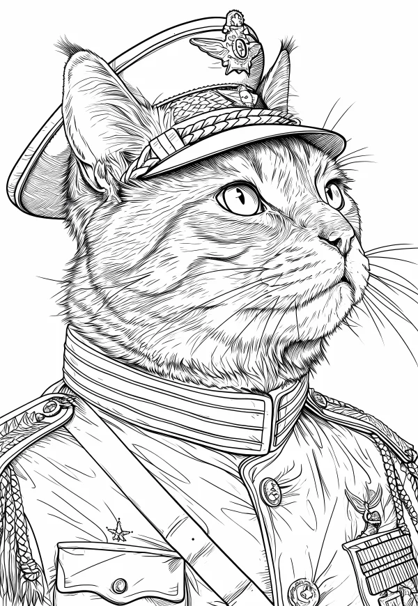 Anthropomorphic military officer cat, realistic sketch style — free printable occupation coloring book page