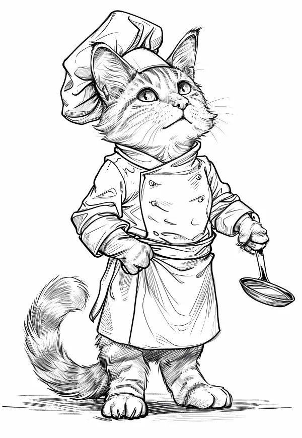 Anthropomorphic chef cat, cartoon style — free printable cooking coloring book page