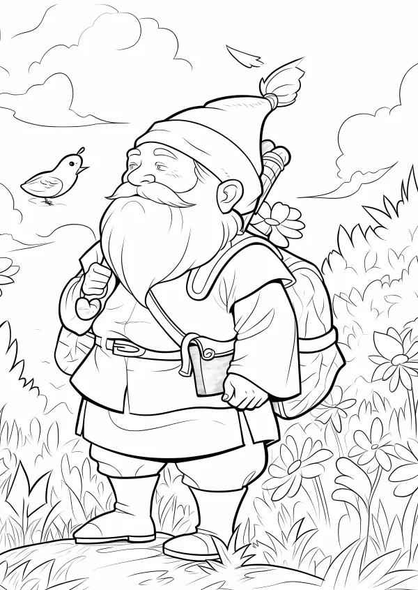 Backpack-wearing gnome, cartoon style — free printable outdoor coloring book page