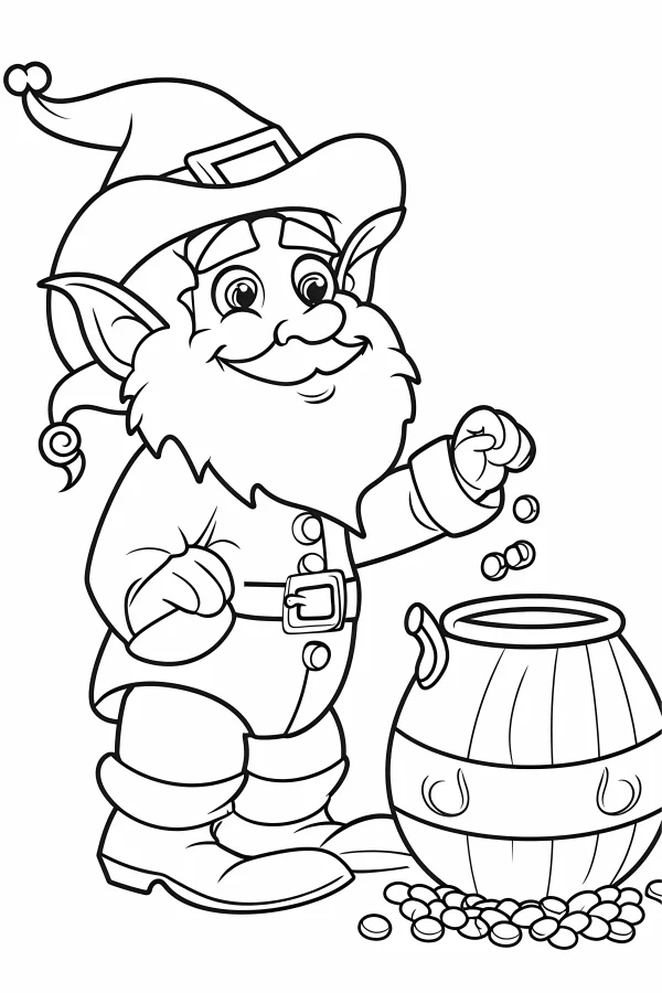 Cute saint patrick's day leprechaun with pot of gold, cartoon style — free printable st. patrick's day coloring book page
