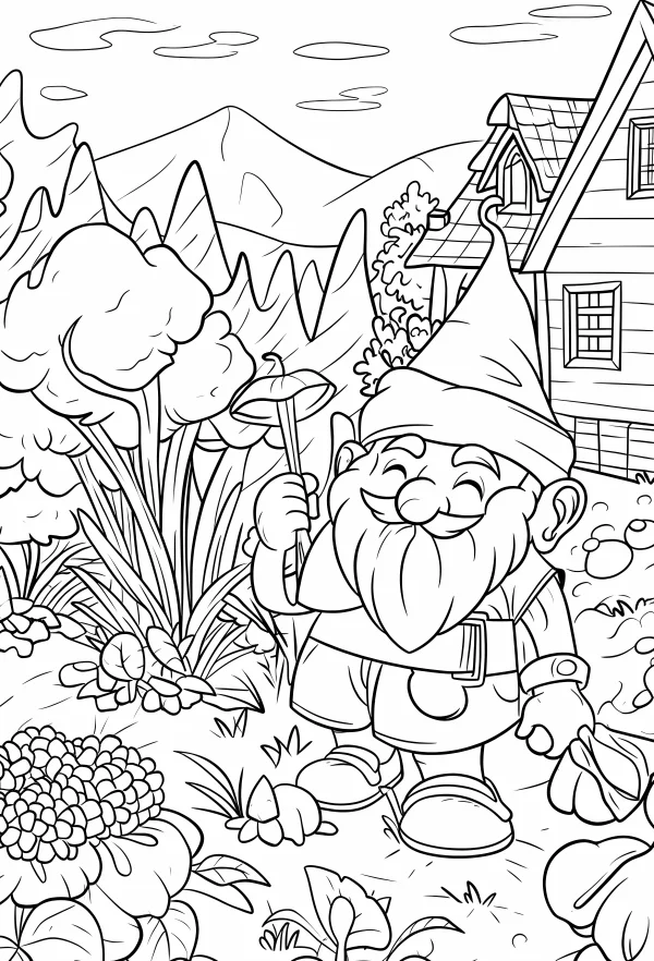Cartoon garden gnome, cartoon style — free printable pastoral coloring book page