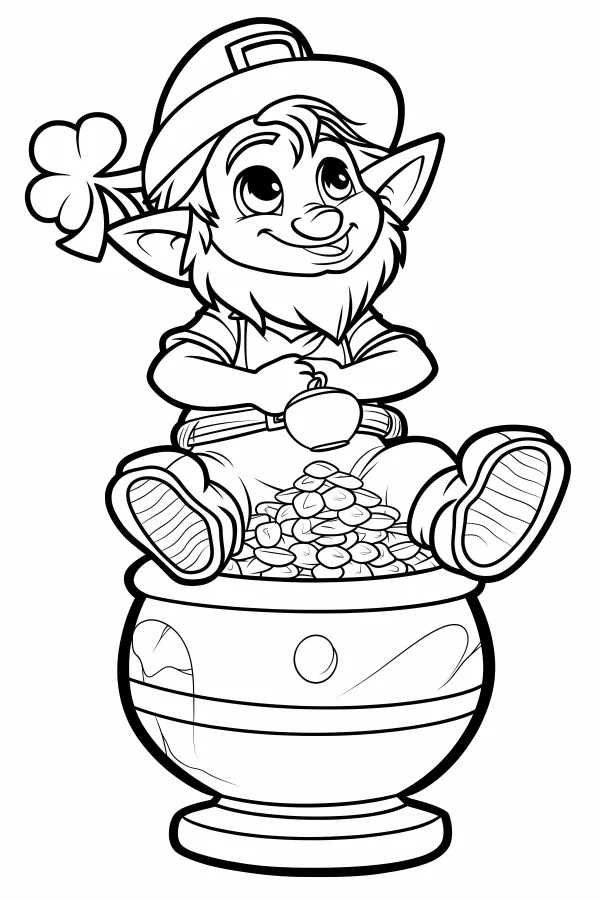 Coloring book page, cute leprechaun sitting on a pot of gold — free printable st. patrick's day coloring book page