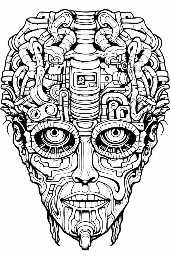Cyberpunk mechanical human face, cyberpunk style — free printable cyberpunk coloring book page