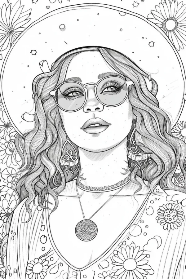 Bohemian style curly-haired girl with freckles, wearing wide-brim hat — free printable bohemian coloring book page