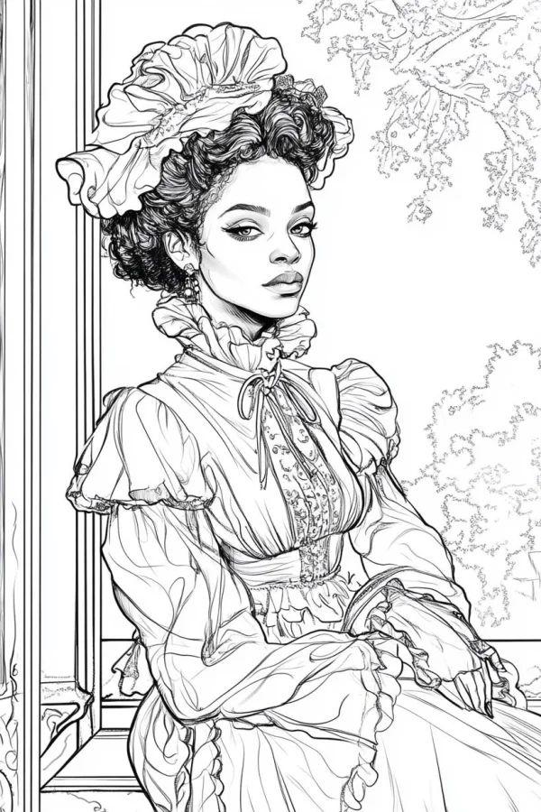 Coloring book page, victorian-style retro woman — free printable victorian coloring book page