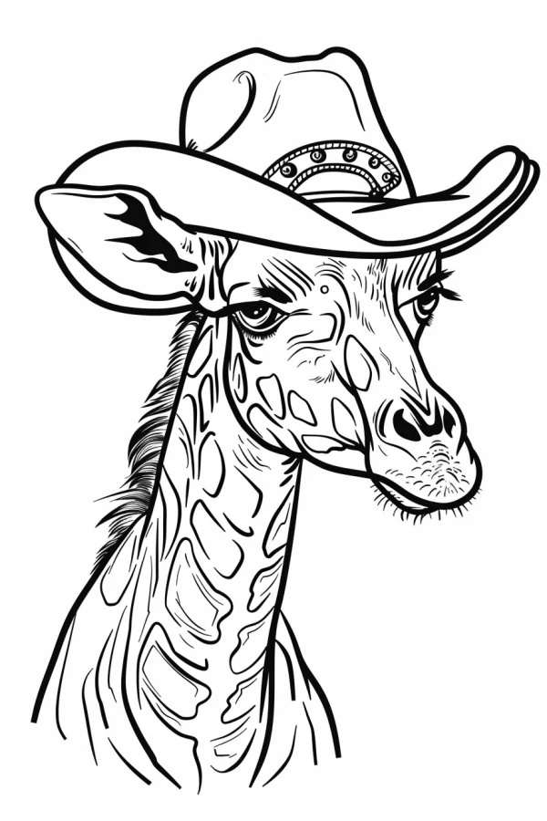 Giraffe wearing cowboy hat, cartoon style — free printable western cowboy coloring book page