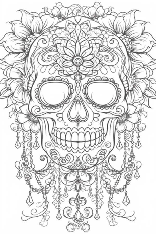 Decorative day of the dead sugar skull, decorative art style — free printable latin america coloring book page