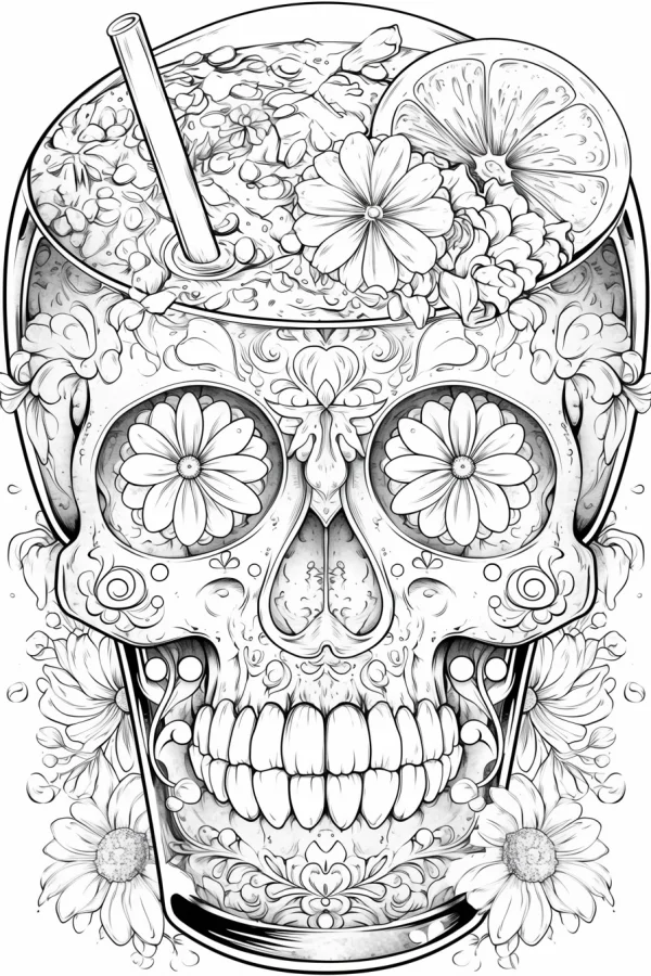 Sugar skull shaped glass decorated with daisies, filled with iced drink topped with lemon slice and straw — free printable object theme coloring book page