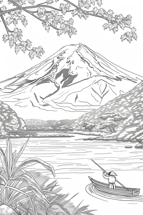 Mount fuji landscape with a fisherman in wooden boat, japanese realistic style — free printable mountains and rivers coloring book page
