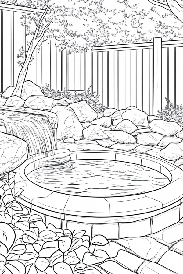 Coloring book page, backyard circular pool with small waterfall — free printable leisure life coloring book page