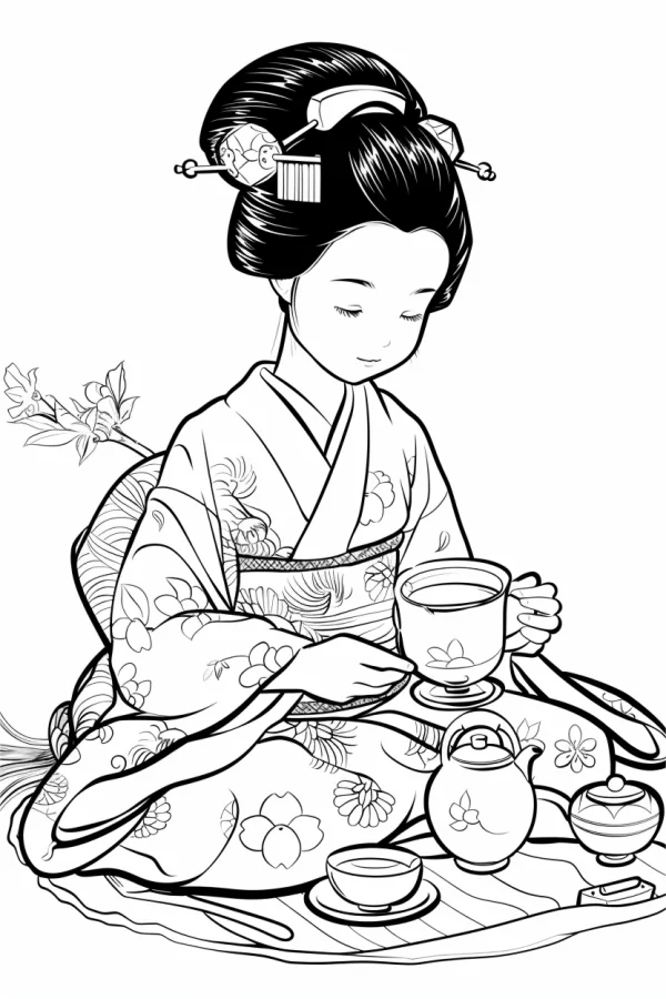 Japanese kimono girl performing tea ceremony, cute cartoon and japanese traditional style — free printable tea culture coloring book page