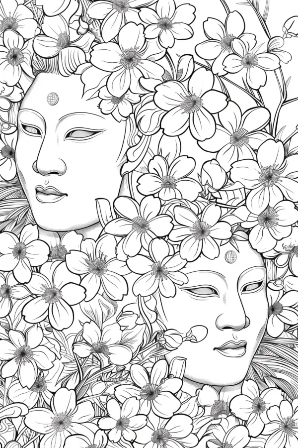 Buddha heads surrounded by intricate blooming flowers and leaves, chinese zen style — free printable zen coloring book page
