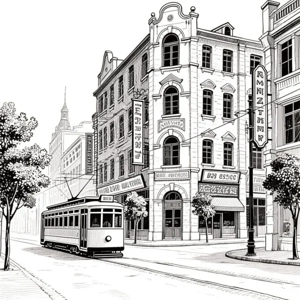 Coloring book page, vintage city street scene with a classic tram — free printable city life coloring book page