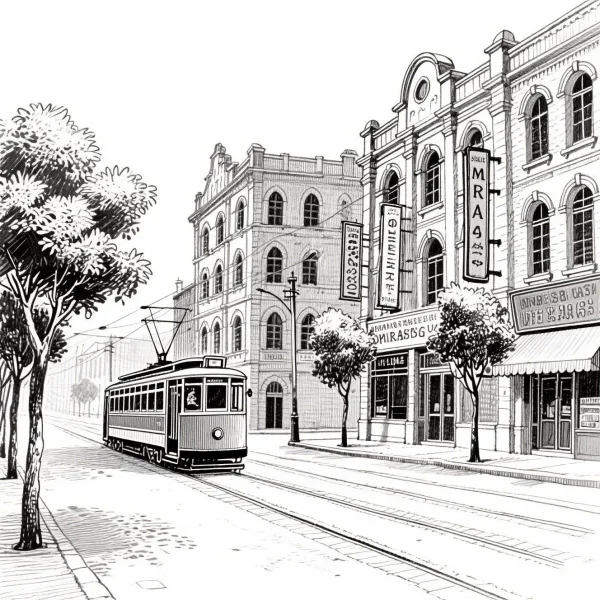 Vintage city street with a tram, realistic retro style — free printable vintage life coloring book page