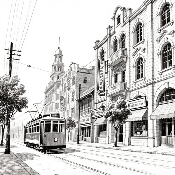 Vintage city street with a tram, retro realistic style — free printable city life coloring book page