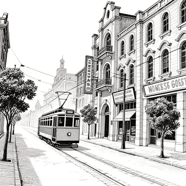 Vintage city street with a tram, realistic retro illustration style — free printable city scenery coloring book page