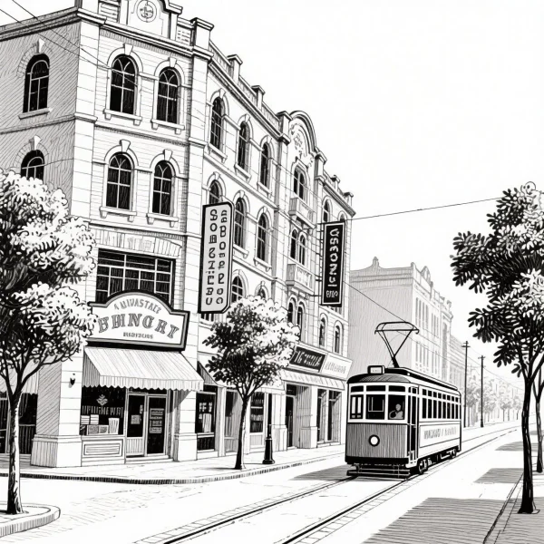 Vintage city street with tram and old multi-story buildings, retro realistic style — free printable city life coloring book page