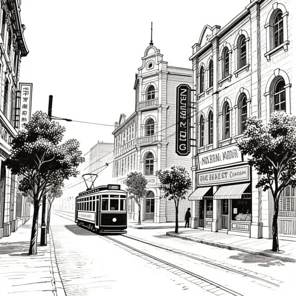 Vintage city street scene with a tram, retro european architectural style — free printable city street view coloring book page