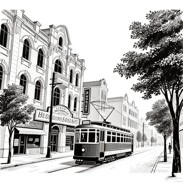 Vintage tram in retro urban street scene, realistic sketch style — free printable city life coloring book page