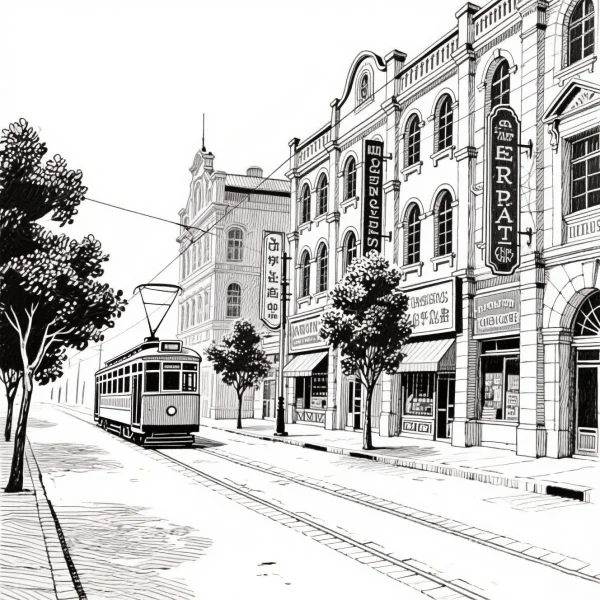 Vintage city street with a tramcar, realistic retro illustration style — free printable city street view coloring book page