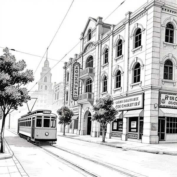 Vintage city street with old tramcar, retro realistic style — free printable city street view coloring book page