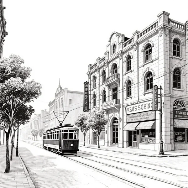 Vintage city street with a tram, realistic retro style — free printable city street view coloring book page