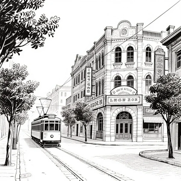 Vintage city street with a tram, realistic retro european architectural style — free printable city scenery coloring book page