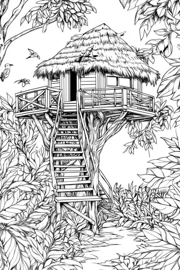Jungle treehouse with thatched roof, realistic line art style — free printable outdoor living coloring book page