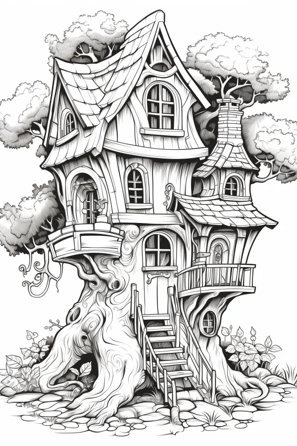 Fairy tale treehouse, cartoon sketch style — free printable cabin coloring book page
