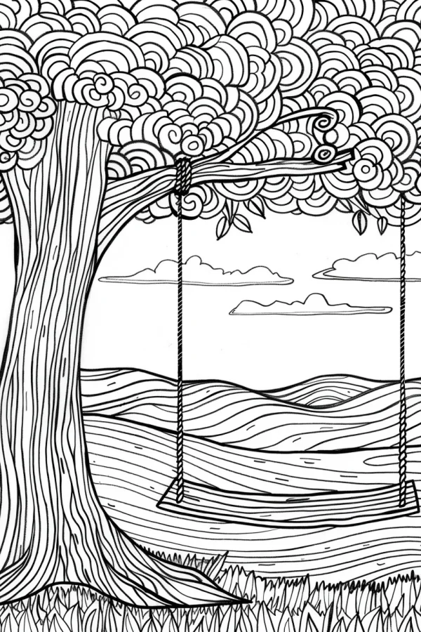 Big tree with wooden swing, cartoon style — free printable outdoor leisure coloring book page