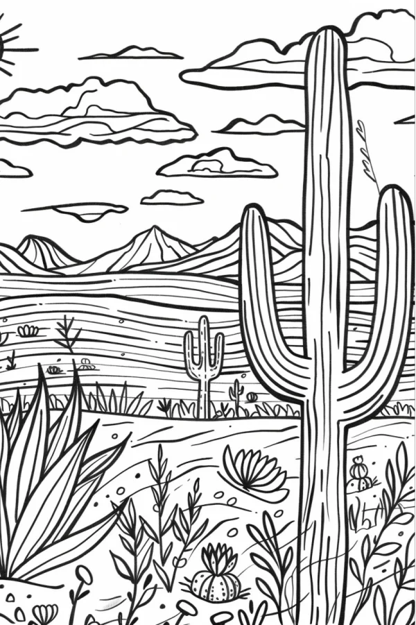 Desert cactus landscape, hand-drawn line art — free printable desert coloring book page
