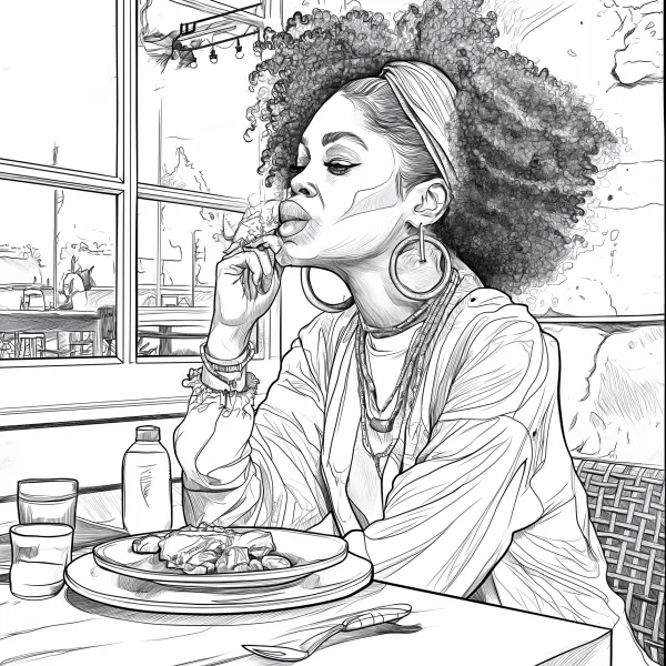 Curly-haired black woman dining in a restaurant, realistic illustration style — free printable daily life coloring book page