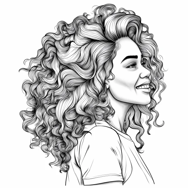 Curly-haired girl portrait, realistic sketch style — free printable portrait coloring book page