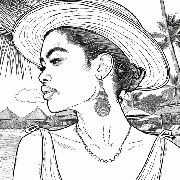 Woman with wide-brimmed hat by the beach, realistic sketch style — free printable beach vacation coloring book page
