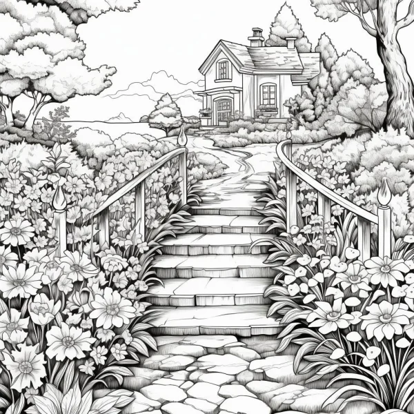 Cozy country cottage with stone steps, surrounded by lush flowers and trees — free printable rural life coloring book page