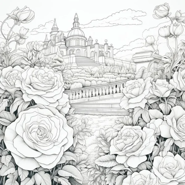 Roses and grand castle in garden, realistic line art style — free printable scenery coloring book page