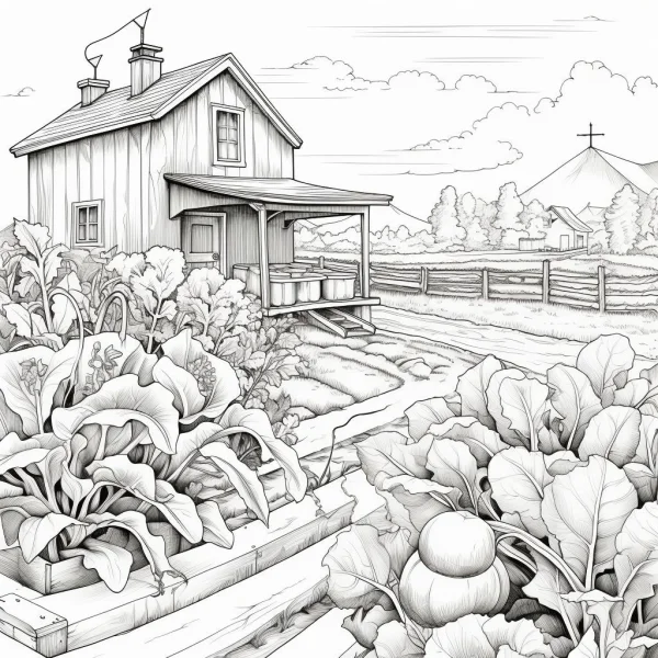 Pastoral house with vegetable garden, realistic style — free printable farm coloring book page