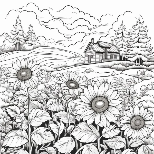 Sunflowers and countryside cottage, realistic line art style — free printable rural life coloring book page