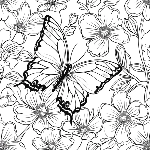 Coloring book page, butterfly surrounded by blooming flowers and vines — free printable insects coloring book page