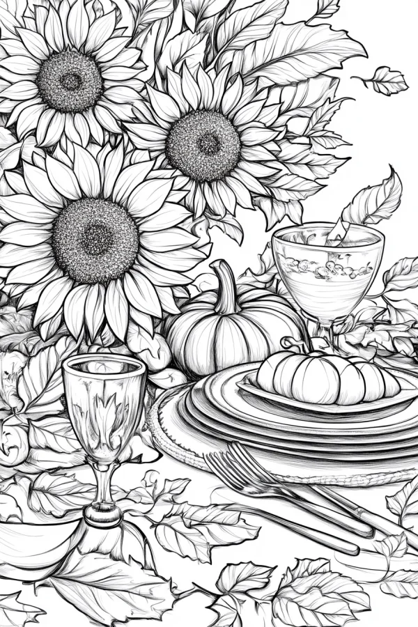 Thanksgiving harvest table with sunflowers and pumpkins, realistic illustration style — free printable thanksgiving coloring book page