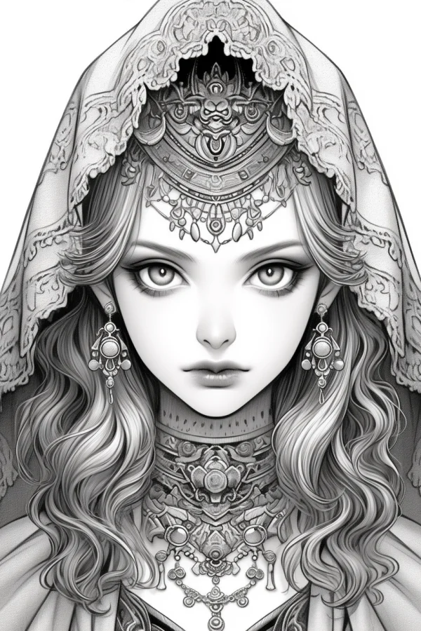 Elegant middle eastern style curly-haired girl with elaborate jewelry and lace headscarf, fantasy illustration style — free printable middle eastern culture coloring book page