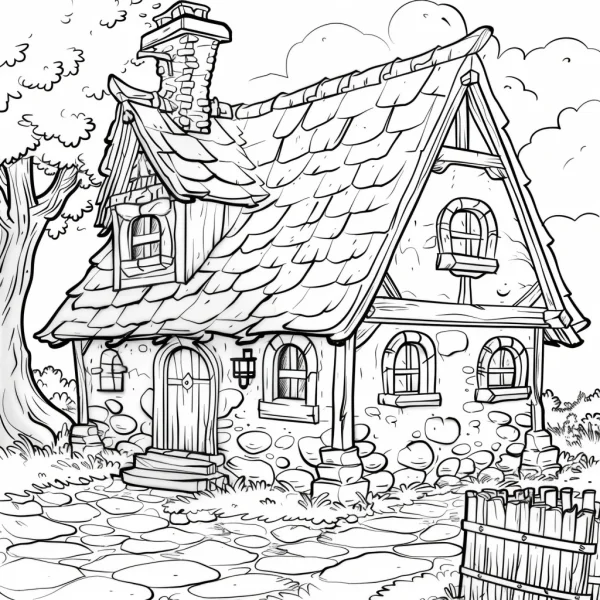 Fairy tale stone cottage with chimney, cartoon style — free printable pastoral coloring book page