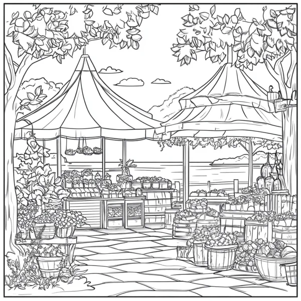 Outdoor fruit and vegetable market, realistic line art style — free printable shopping coloring book page