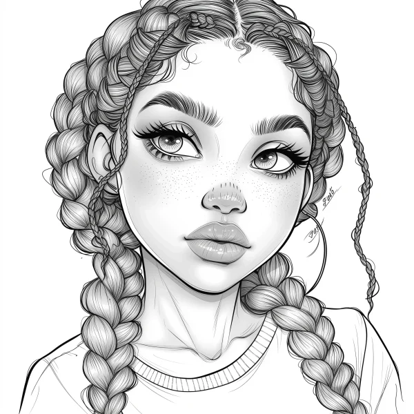 Braided girl with freckles, cartoon sketch style — free printable girl coloring book page