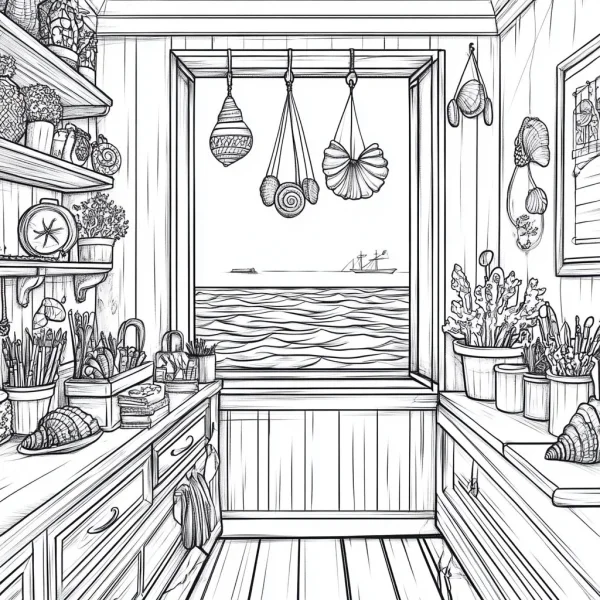 Cozy craft workroom with ocean view through window, realistic line art style — free printable handmade coloring book page