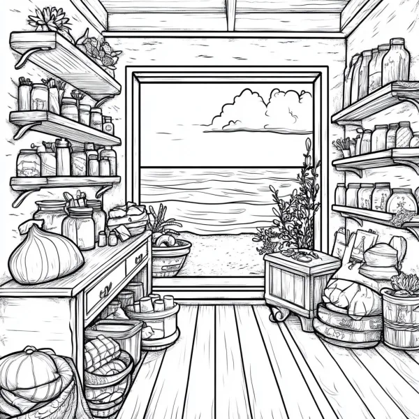 Seaside cottage interior storage space, realistic line art — free printable other life themes coloring book page