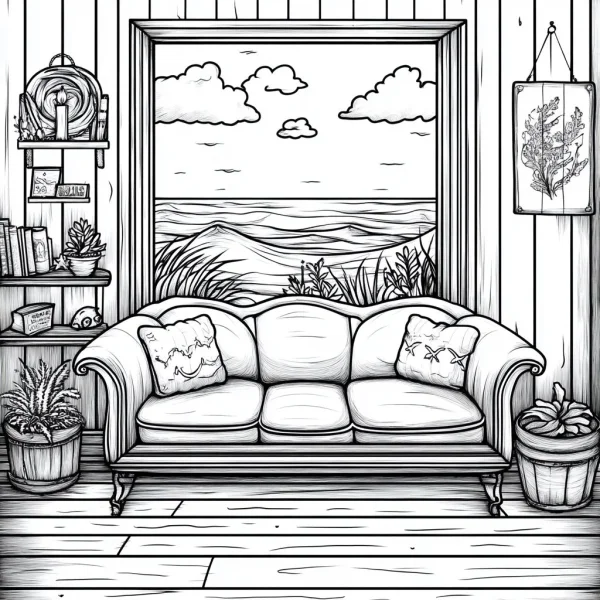 Cozy living room sofa with ocean view through window, realistic line art style — free printable home living coloring book page