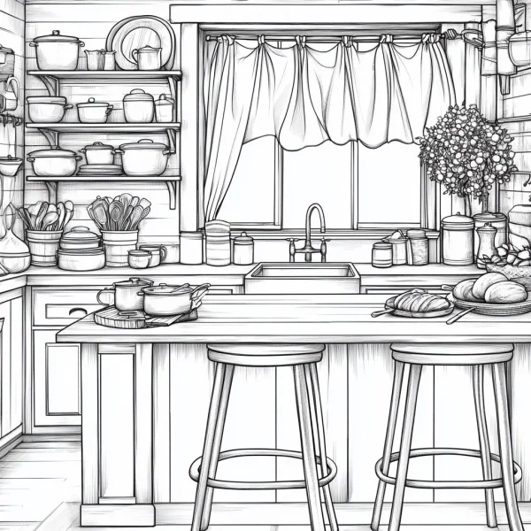 Warm family kitchen scene, realistic illustration style — free printable cooking coloring book page