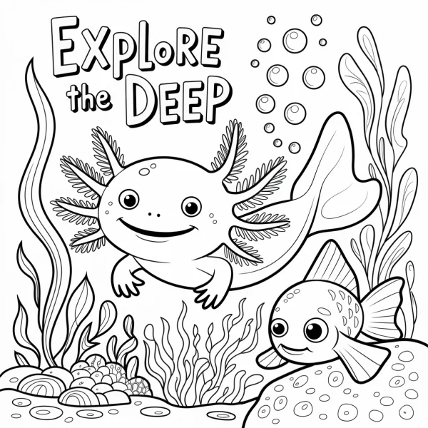 Cartoon axolotl and cute fish, underwater scene with seaweed — free printable underwater scene coloring book page